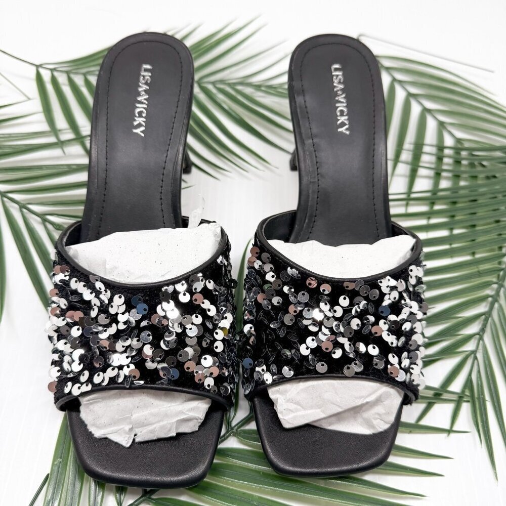 Lisa Vicky Sequin Slide Mule Heels 8.5 Black Silver Party Dressy Shoes NWT Shiny - Picture 2 of 11